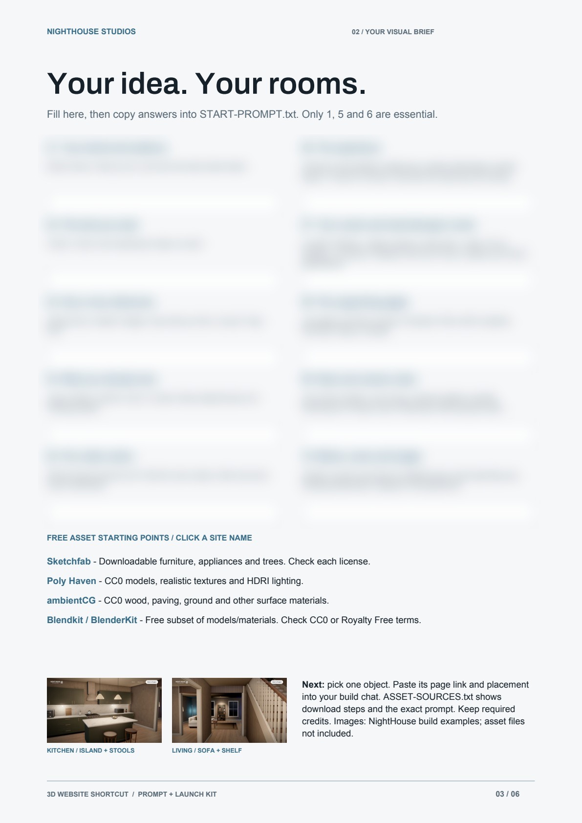 3D Website Shortcut: Visual brief layout (questions obscured in preview)