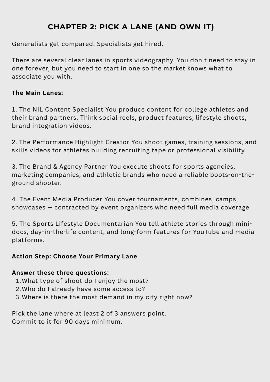 Sports Videographer Playbook — Sample chapter · choosing your lane, page 5
